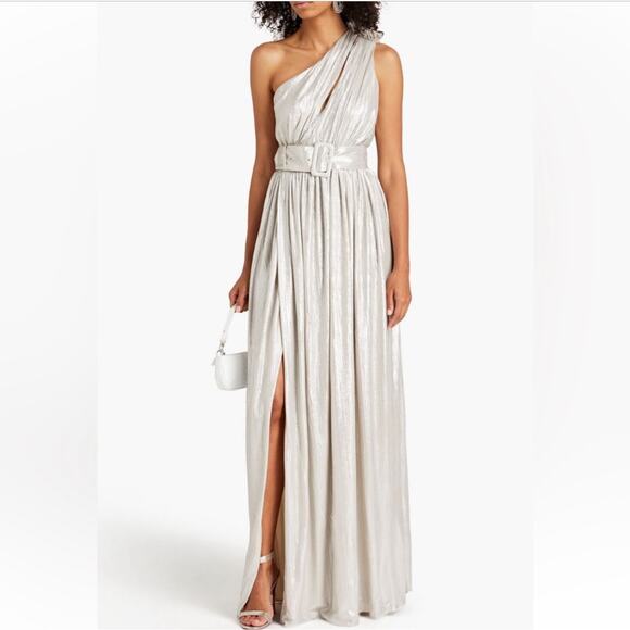 Retrofete Platinum Andrea One Shoulder Pleated Metallic Jersey Gown Small - Picture 1 of 14
